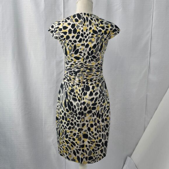 Kay Unger Womens 4 Silk Abstract Animal Print Yellow Gray Black Faux Wrap Dress - Picture 3 of 16
